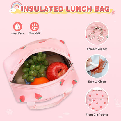 ACESAK Girls Backpack - Bento Box with Insulated Lunch Bag Pencil Case & Utensils Set for Kids, 6 Leakproof Compartments Removable Tray Lunches or Snack Container for School (Gray Daisy)
