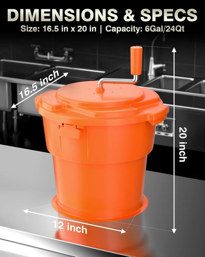 WantJoin Commercial Salad Spinner - [6 Gallon Salad Dryer] w/Silicone [Anti-slip Mat] & [Draining Hose], 24Qt Manual Salad Spinner for up to 7 Heads of Lettuce Spinner Large for Catering, Orange