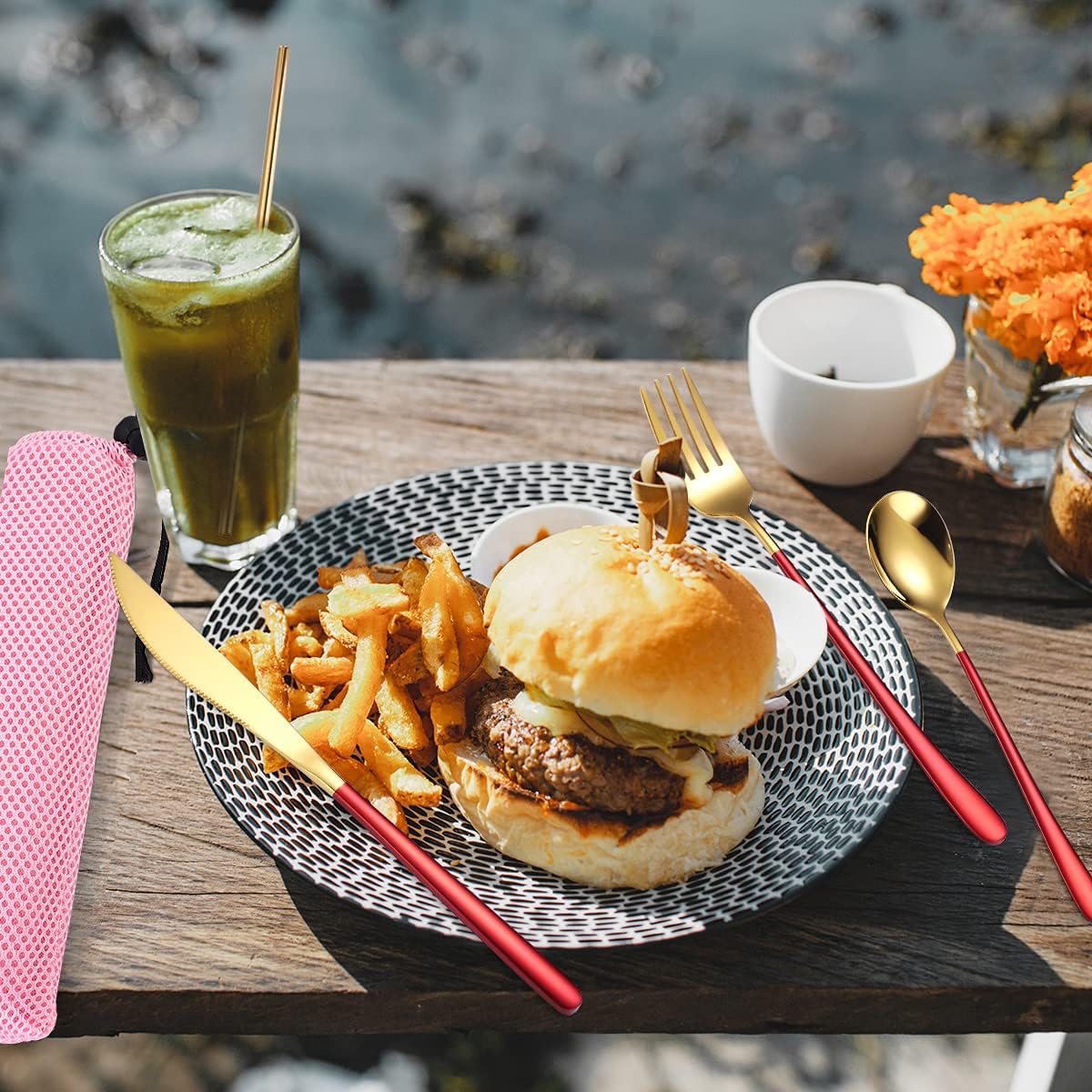 AARAINBOW 6 Pieces 18/8 Stainless Steel Flatware Set Portable Reusable Cutlery Set Travel Utensils Set Including Chopsticks Knife Fork Spoon Straws Cleaning Brush Dishwasher Safe (Green golden)