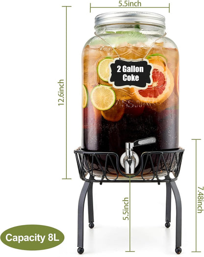 2 Gallon Beverage Dispenser with Stand and Lid, 18/8 Stainless Steel Spigot - Mason Jar Drink Dispensers with Lids, Glass Drink Dispensers for Parties