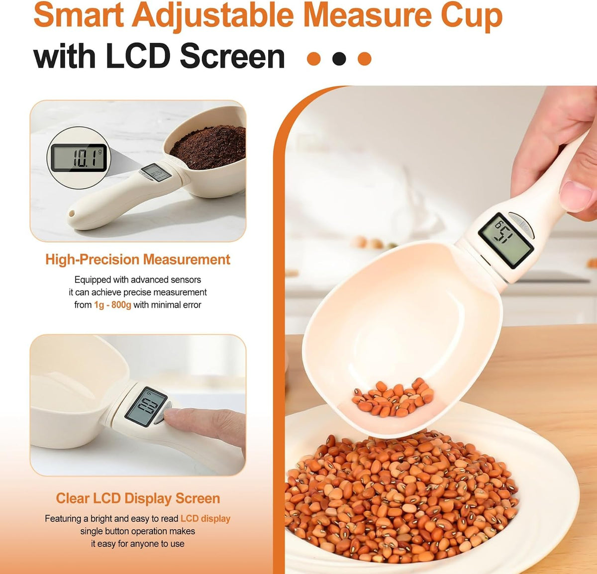 New Digital Measuring Spoon, Electronic Measuring Spoon 800g/0.1g High Precision with Screen, Smart Adjustable Measure Cup with LCD Screen for Home Cooks Bakers Pet Owners