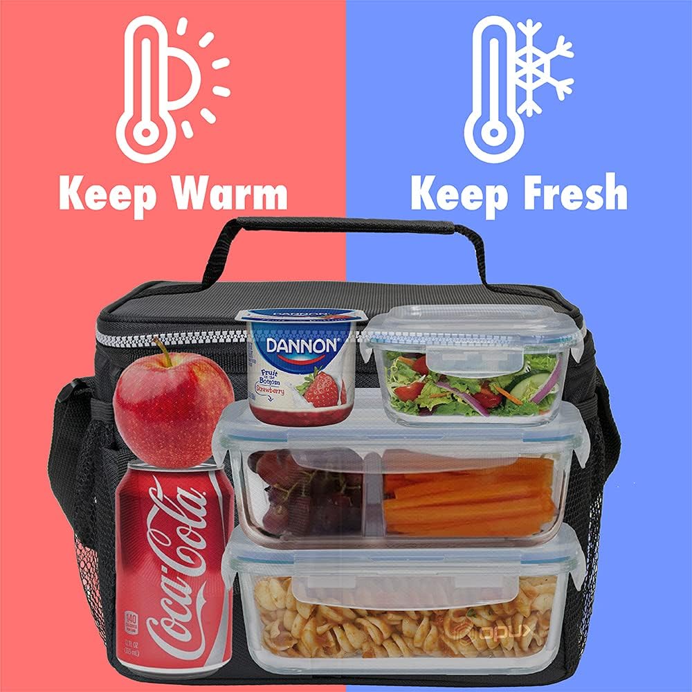 opux Insulated Lunch Bag for Men Women, Leakproof Black Lunch Box for Work, Portable Soft Lunch Cooler Bag with Shoulder Strap, Adult Lunchbox Lunch Pail for Kid Boy Girl School, 14 Can/8L