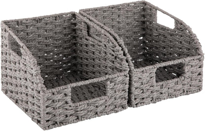 OIAHOMY Pantry Baskets for Organizing, Paper Rope Baskets with Built-in Handles, Wicker Storage Bins for Shelves, 2 Pack-Yellow