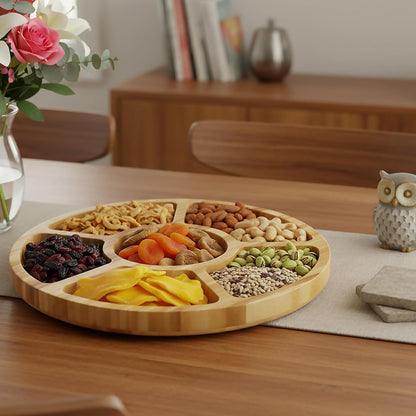 Dicunoy Divided Serving Dish Tray, 13'' Bamboo Rotatable Veggie Fruit Platter, Lazy Susan Relish Sectional Snack Container Bowls with 6 Compartments for Candy, Appetizer, Nuts, Parties