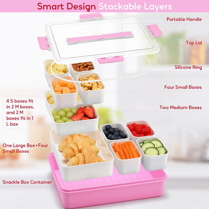 Snackle Box Container for Adults, 11 in 1 Divided Serving Tray Snack Box Containers with Stackable Compartment and Handle, Customizable Charcuterie Boxes Portable Snack Platter for Party Travel, Brown