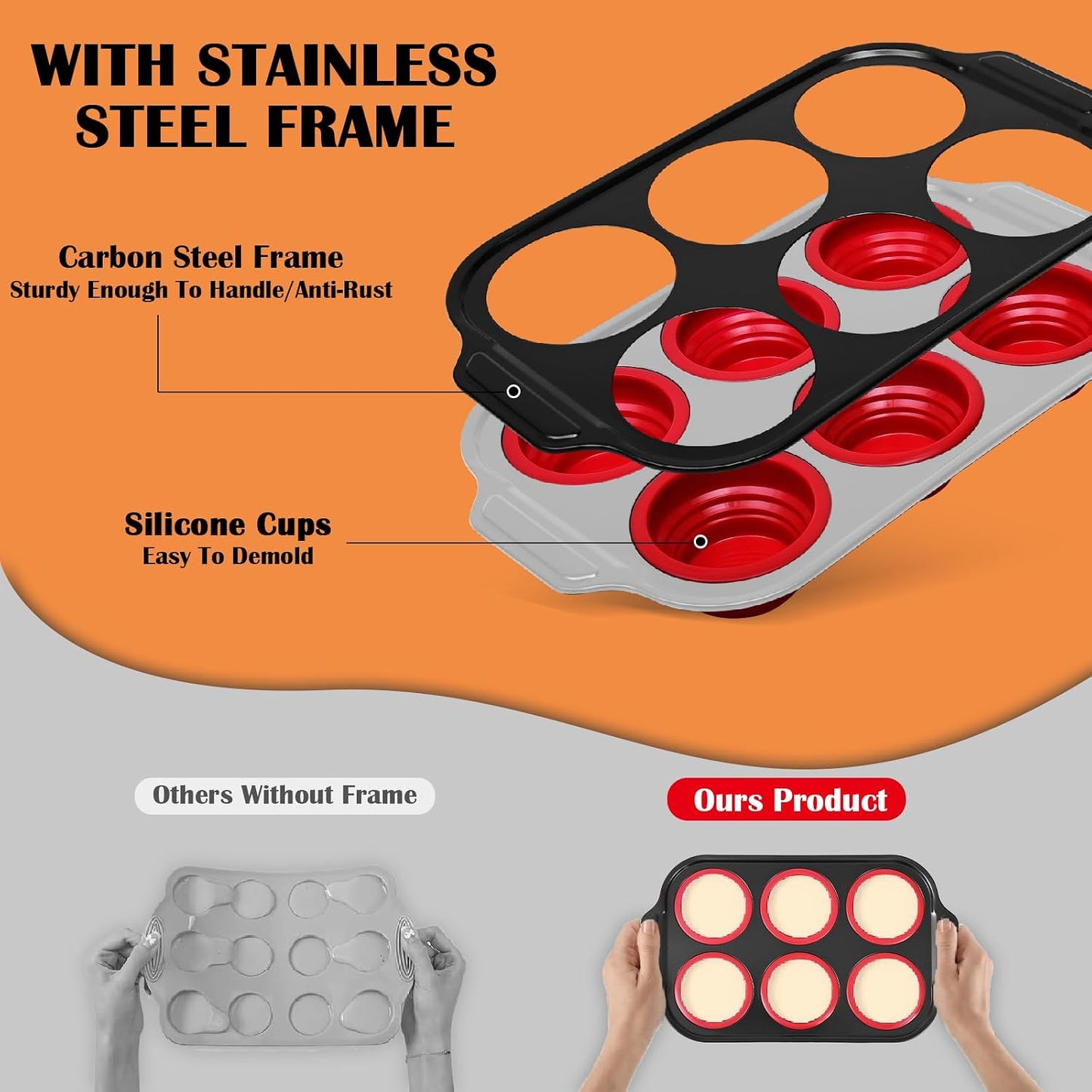 Silicone Muffin Pan for Baking, Non-stick 6 Cup Cupcake Pan with Reinforced Metal Frame, BPA Free, Dishwasher Safe, Oven Safe, Easy Release (Red)