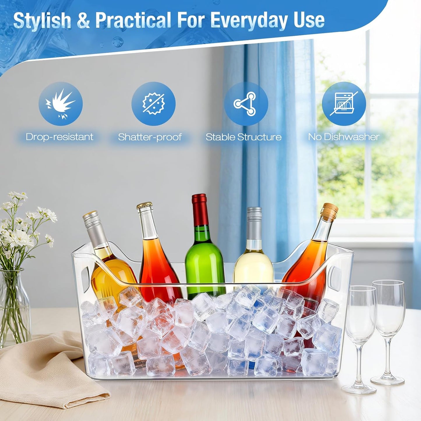 Ice Buckets for Parties, YOPIKUU 2 PCS Thickened Beverage Tub with Scoops, Large Clear Acrylic Champagne Bucket for Beverage, Wine, Beer, Mimosa Bar Supplies