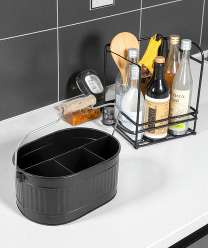 CLEENTABLE Rustic Galvanized Utensil Caddy - Farmhouse Silverware Holder for Kitchen, Dining, Picnic, Parties - Durable Cutlery Organizer with Handle, Countertop Storage (Black)