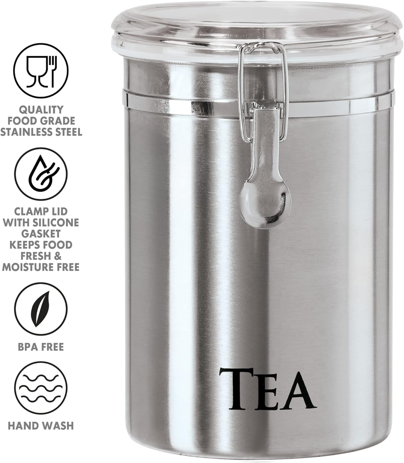Oggi Stainless Steel Sugar Canister 62 fl oz - Airtight Clamp Lid, Clear See-Thru Top - Ideal Sugar Container for Countertop, Sugar Jar, Bulk Sugar Storage. Large Size 5" x 7.5".