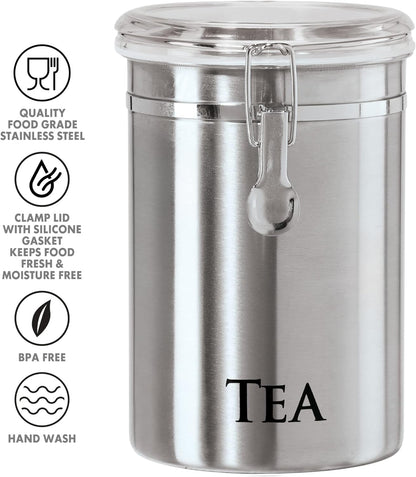 Oggi Stainless Steel Sugar Canister 62 fl oz - Airtight Clamp Lid, Clear See-Thru Top - Ideal Sugar Container for Countertop, Sugar Jar, Bulk Sugar Storage. Large Size 5" x 7.5".