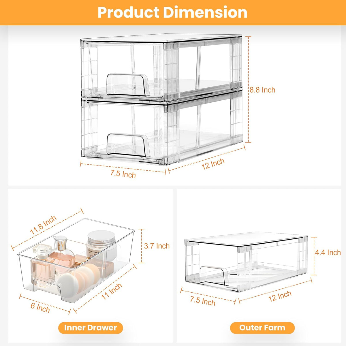 6 Pack Stackable Storage Drawers,Plastic Organizers Bins, Drawers Storage with Handles and Movable Dividers for Organization and Storage in Fridge,Bathroom, Pantry, Kitchen Cabinets, Under Sink