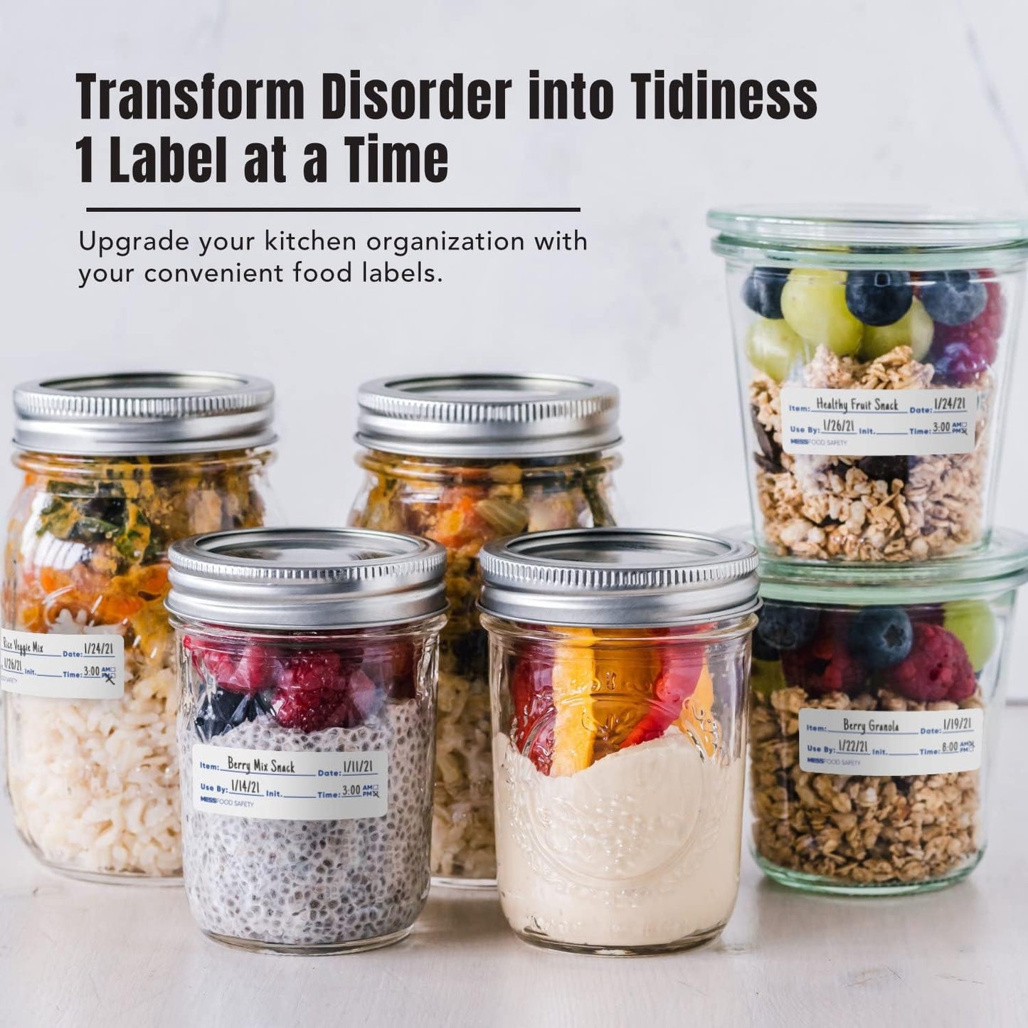 MESS Dissolvable Food Labels, 1x2, 200/Roll - Dissolves in 30 Seconds or Less - Removable Pantry, Meal Prep & Food Storage Labels – Canning & Freezer Use