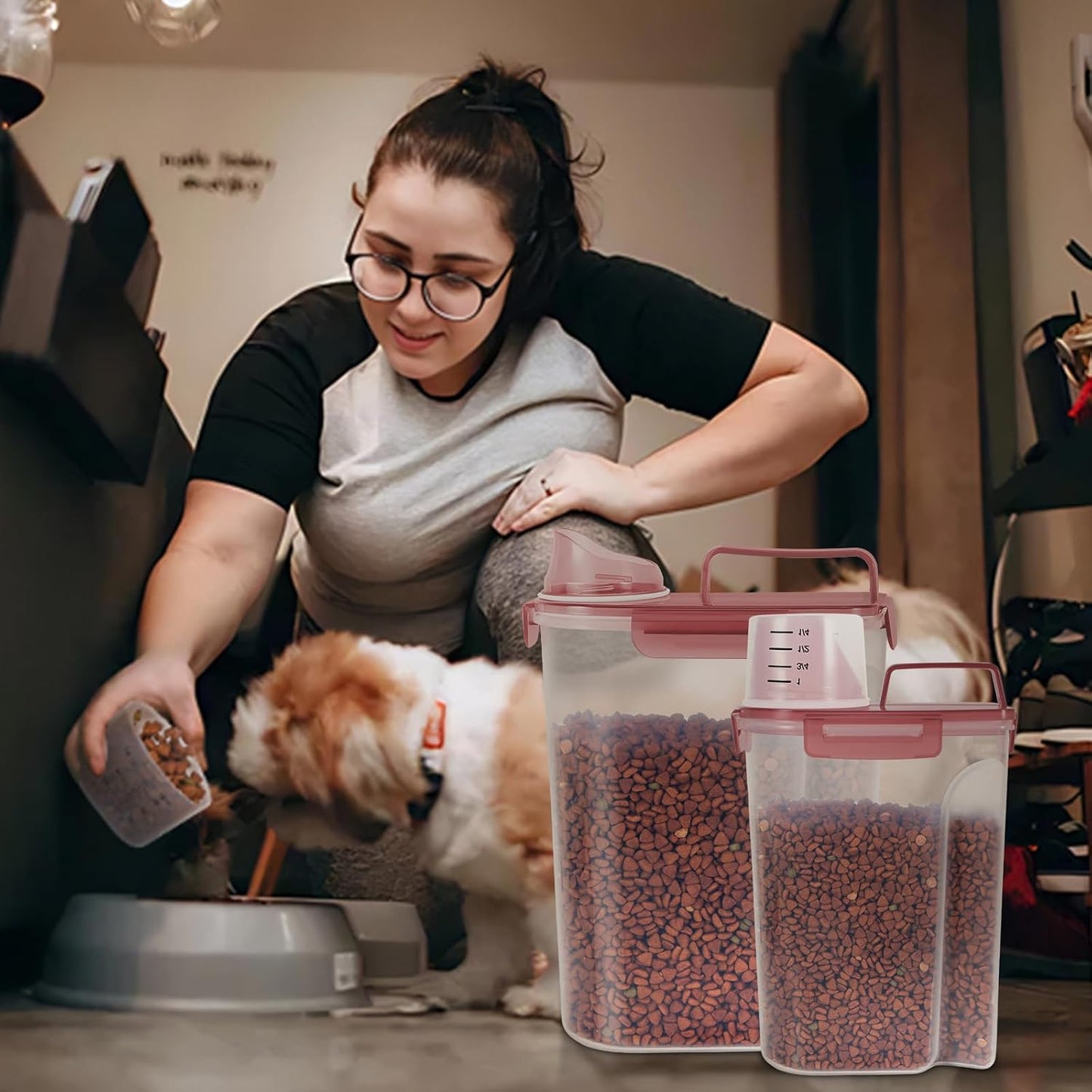 LEAWALK 5-7Lbs Dog Cat Food Storage Container with Upgraded Large Nozzle BPA-free, 4 Snap Seals Plastic Pet Food Storage Containers with Handles are Easy to Clean and Carry