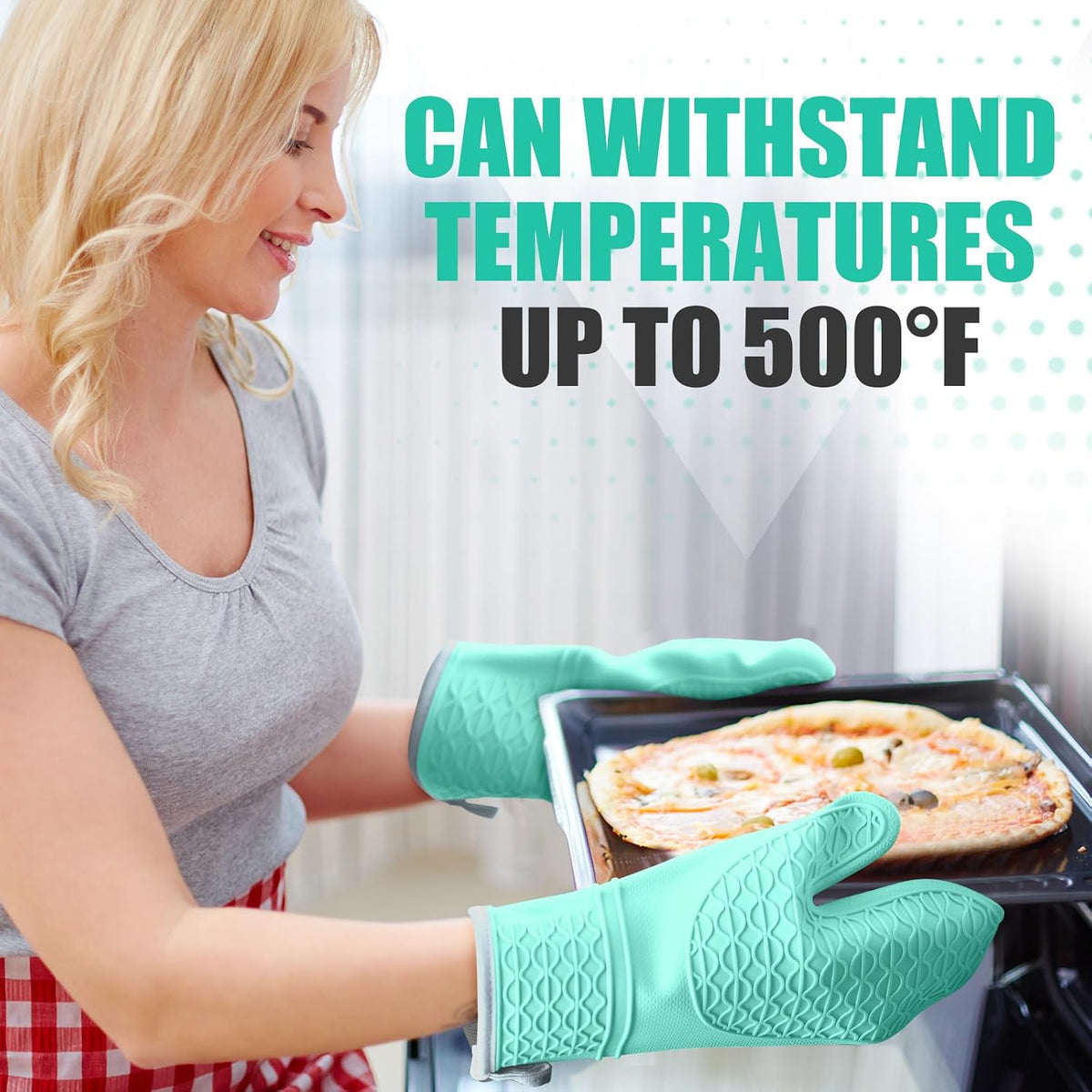 Silicone Oven Mitts, Heat Resistant 2PCS Oven Mitts with Soft Cotton Lining, Waterproof Non-Slip Grip Oven Glove, Kitchen Potholder Mits for BBQ, Baking, Cooking, 12.5 Inch - Grey