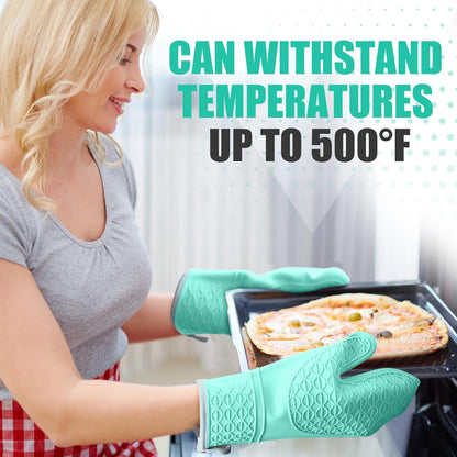 Silicone Oven Mitts, Heat Resistant 2PCS Oven Mitts with Soft Cotton Lining, Waterproof Non-Slip Grip Oven Glove, Kitchen Potholder Mits for BBQ, Baking, Cooking, 12.5 Inch - Grey