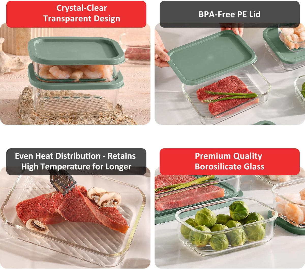 EATEX Grooved Base Glass Meal Prep Containers, 12 Pack Glass Food Storage Containers with Lids for Meal Prep & Lunch, Microwave Oven Freezer Dishwasher Safe, Anti Moisture Non-Stick Design - Black