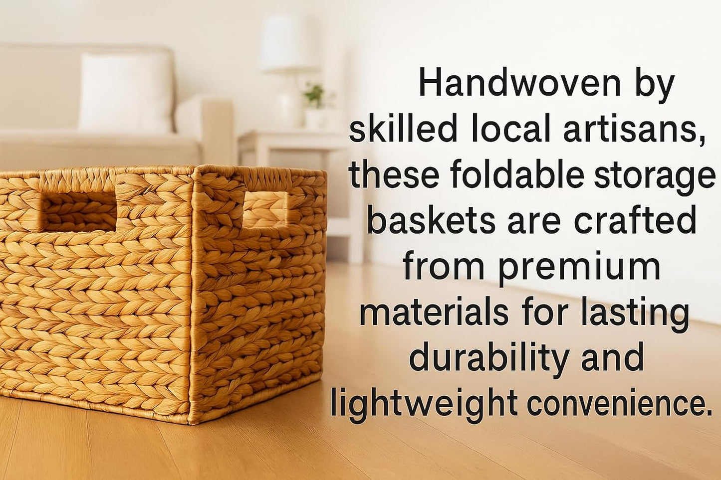Foldable Water Hyacinth Storage Basket with Handles – Handwoven Natural Organizer Bin for Shelves, Closet, or Living Room Decor
