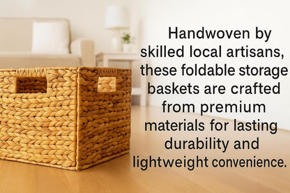 Foldable Water Hyacinth Storage Basket with Handles – Handwoven Natural Organizer Bin for Shelves, Closet, or Living Room Decor