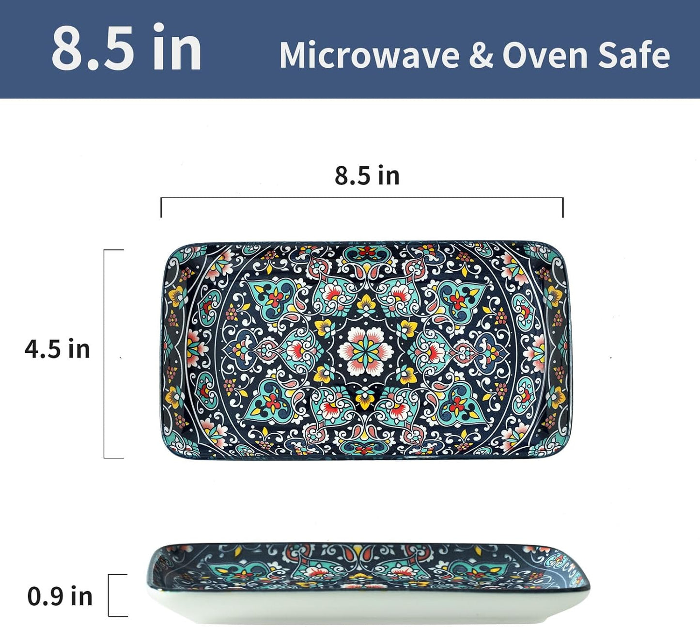 glowworm Porcelain Appetizer Plates Set of 6, 8.5 Inch Salad Plates for Sushi, Dessert, Rectangular Serving Platters, Serving Tray for Party, Kitchen, Microwave & Oven Safe, Bohemian