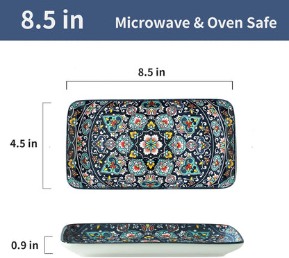 glowworm Porcelain Appetizer Plates Set of 6, 8.5 Inch Salad Plates for Sushi, Dessert, Rectangular Serving Platters, Serving Tray for Party, Kitchen, Microwave & Oven Safe, Bohemian