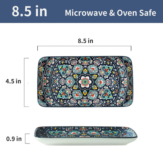 glowworm Porcelain Appetizer Plates Set of 6, 8.5 Inch Salad Plates for Sushi, Dessert, Rectangular Serving Platters, Serving Tray for Party, Kitchen, Microwave & Oven Safe, Bohemian