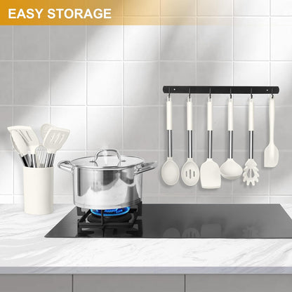LIANYU 15 Pcs Kitchen Cooking Utensils Set with Holder, Silicone Kitchen Tools with Stainless Steel Handle, Heat Resistant Gadgets, Brush Spatula Spoon Whisk for Cookware, Dishwasher Safe, Khaki