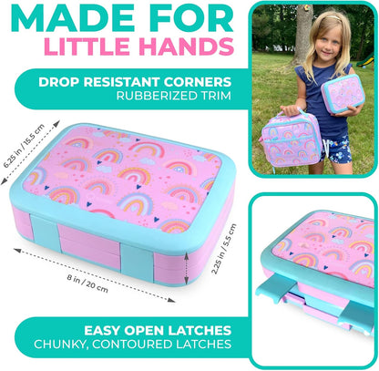 Bento Box with Stainless Steel Thermo, Insulated Lunch Bag, Ice Pack Set for Kids - 5 Compartments, Lunches or Snack Container for Girls, Toddlers Daycare Pre-School, Kindergarten Purple Unicorn