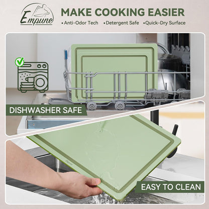 Empune Plastic Cutting Board Set, Recycled Plastic Cutting Boards for Kitchen (Set of 3), Dishwasher Safe Large Chopping Board with Holder, Non-slip Feet and Juice Grooves, Nonporous, Grey