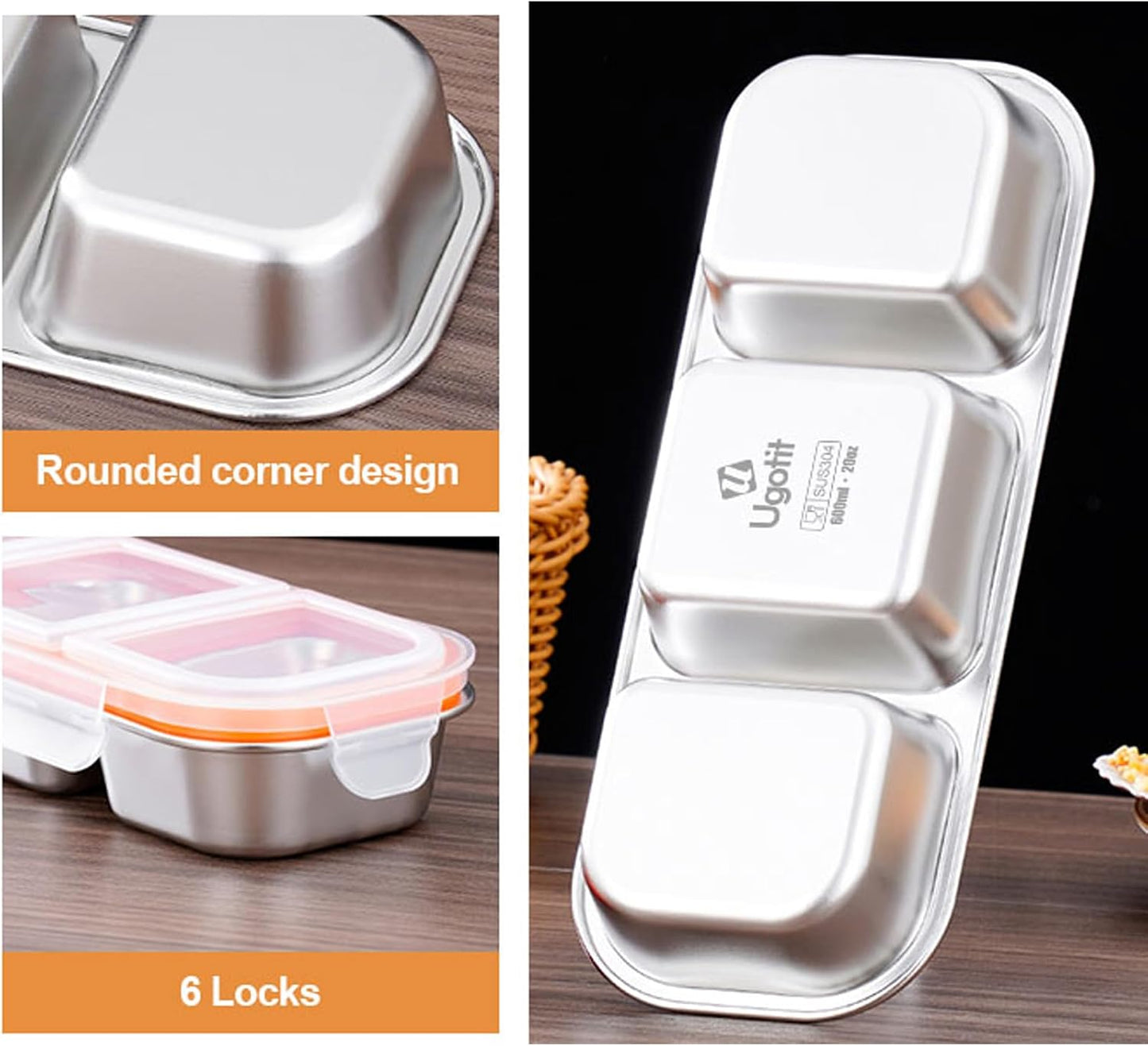 Ugotit Stainless Steel Snack Containers, Reusable Snack Containers with Lids, 3 Compartments Leakproof Snackle Box Organizer, Divided Food Storage Containers for Meal Prep, Travel (20oz, Black)