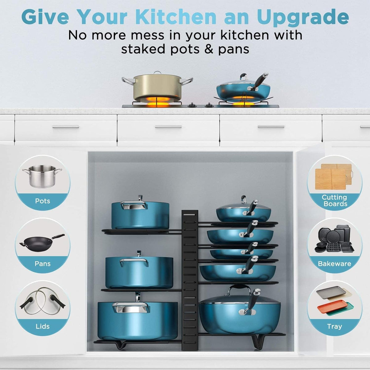 ORDORA Pots and Pans Organizer Under Cabinet 16.6", 8-Tier Adjustable Rack