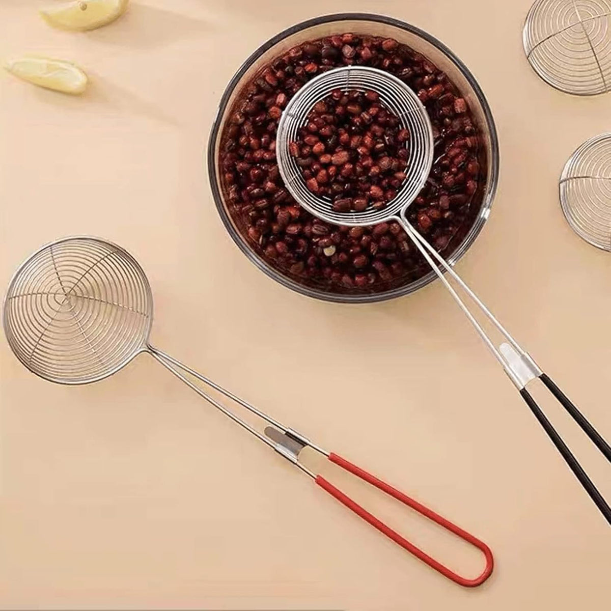 Hot Pot Strainer Spoons, Skimmer Slotted Scoop for Boba Pearls, Stainless Steel Spider Strainer with Handle, Mini Wire Mesh Colander for Cooking (2.5inch, Red)