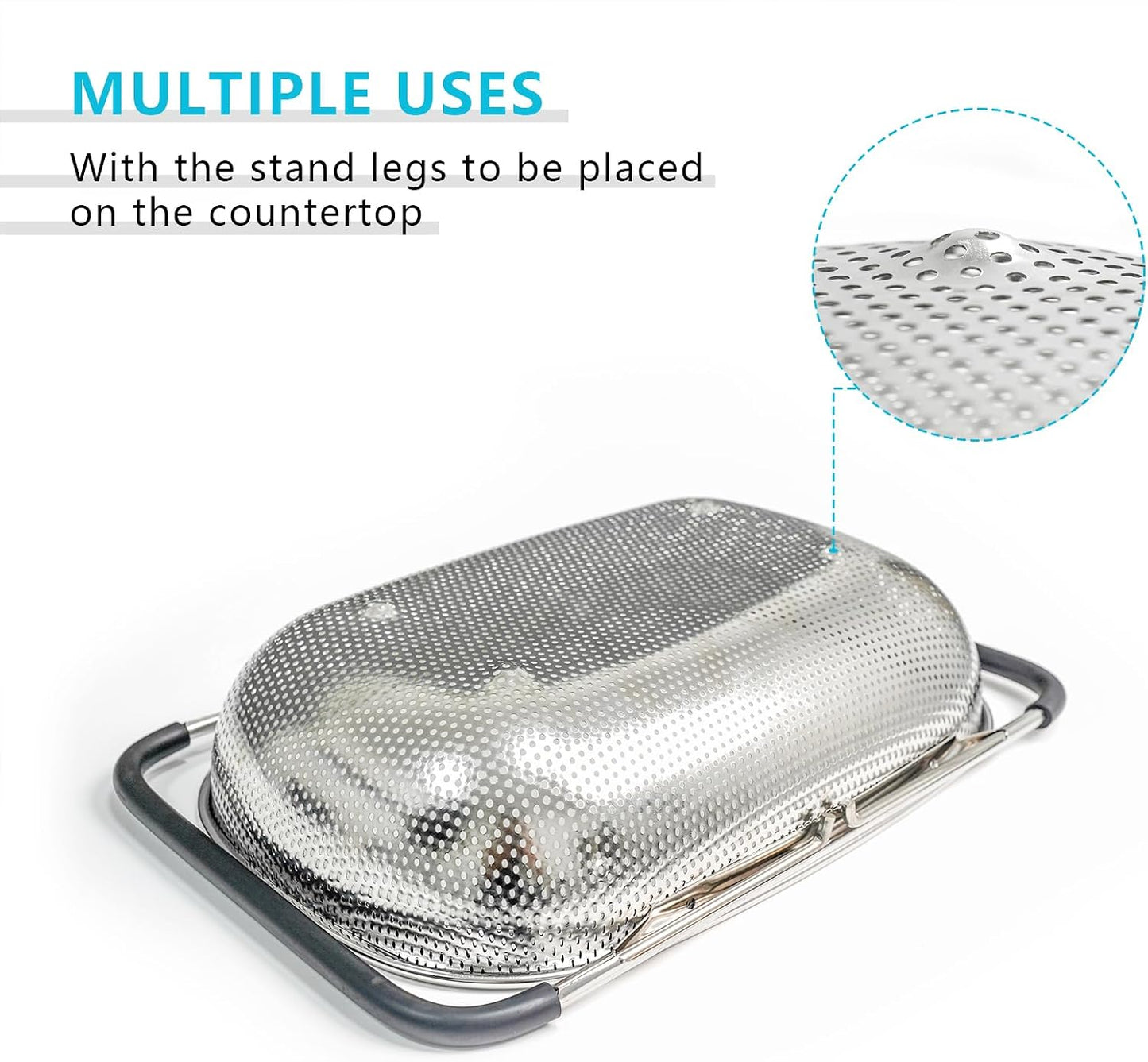 REDANT Over the Sink Metal Strainer and Colander for Kitchen - Large Food Strainers and Colanders with Rubber Grip - Sieve Fine Mesh Stainless Steel for Spaghetti, Pasta, Rice, Fruits, Vegetables
