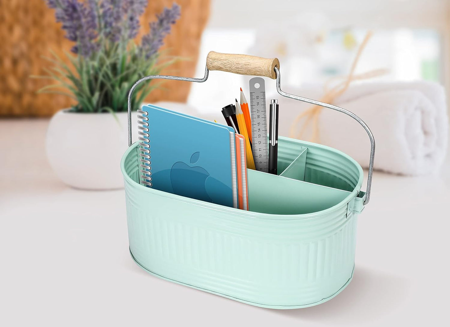 Alpha Living Home Galvanized Metal Utensil Caddy - Rustic Farmhouse Organizer Metal Garden Caddy with 4 Compartments and Wooden Handle for Kitchen, Buffet & Outdoor Events (Silver)