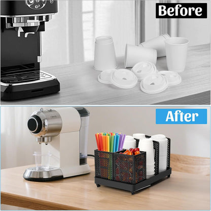 6-Compartment Cup and Lid Holder, Plastic Coffee Cup Holder with Straws Holder, 10-22oz Disposable Paper Cups Organizer for Countertop, Station, Bar,Office, Restaurant, Breakroom