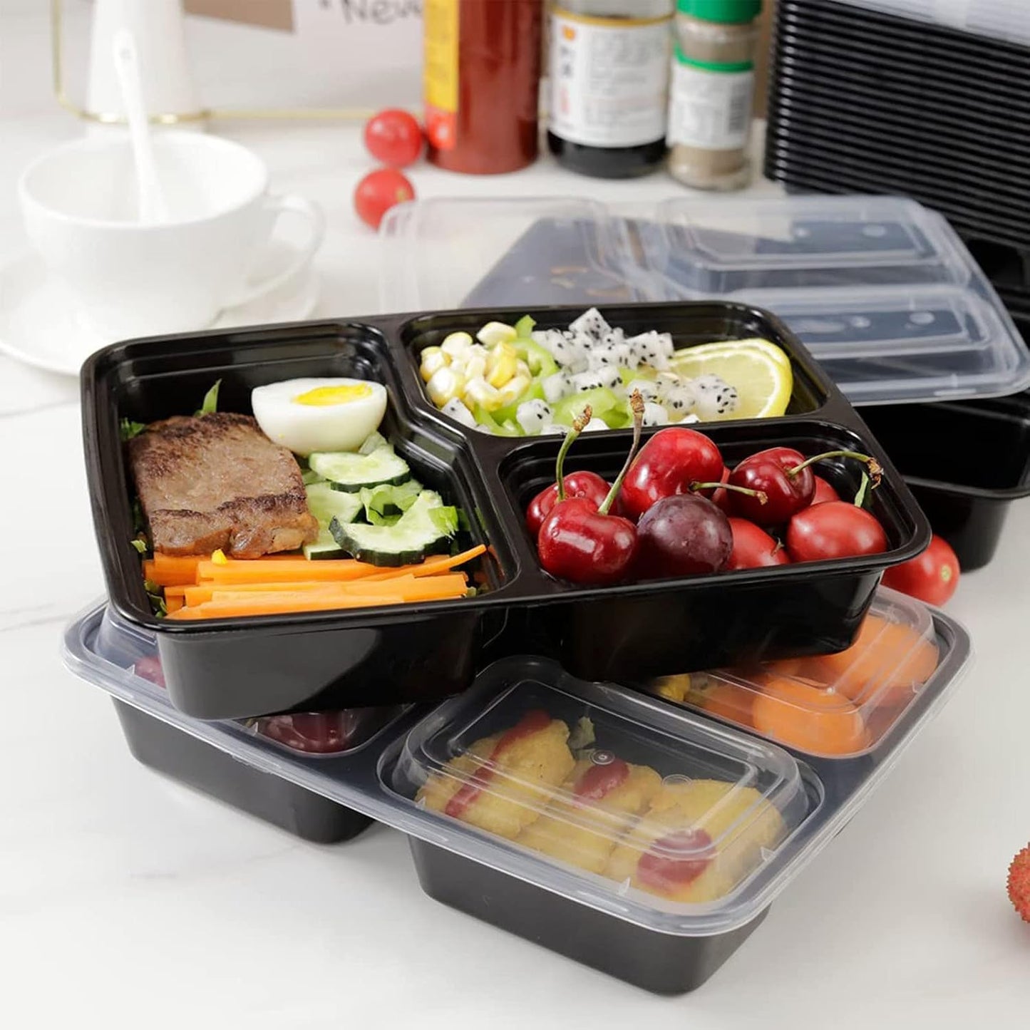 MORDEN MS Meal Prep Container With Lids, 50 Pack 3 Compartment Reusable Food Storage Container Divided Plastic Bento Box Lunch Box To-go Boxes(33oz)