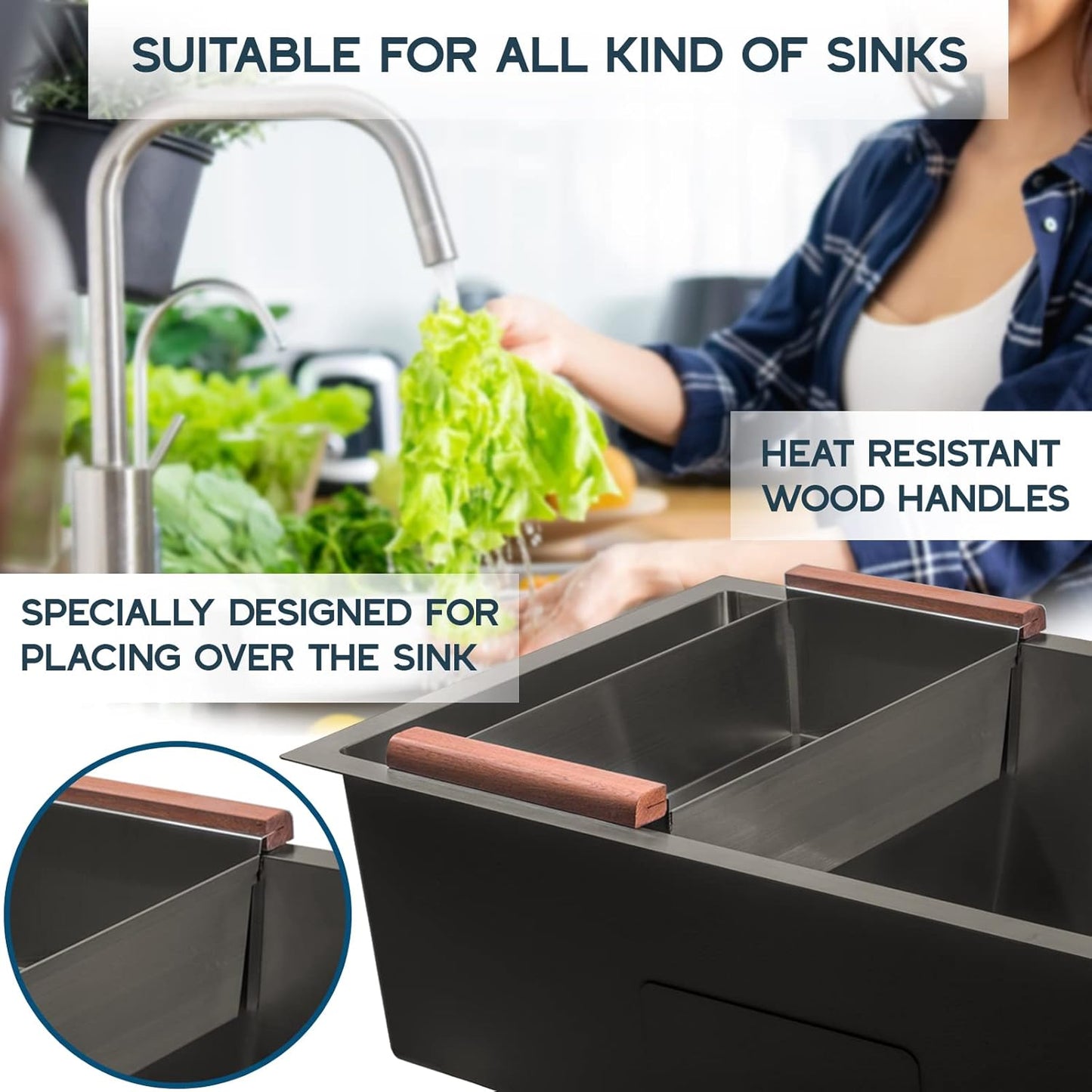 Strictly Sinks Black Stainless Steel Colander - Premium Quality Over the Sink Colander with Non-Slip Handles, Sink Colander for Kitchen Sink to Rinse Fruits & Vegetables(17-3/8" x 8-1/8" x 4-3/4")