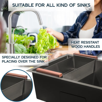 Strictly Sinks Black Stainless Steel Colander - Premium Quality Over the Sink Colander with Non-Slip Handles, Sink Colander for Kitchen Sink to Rinse Fruits & Vegetables(17-3/8" x 8-1/8" x 4-3/4")