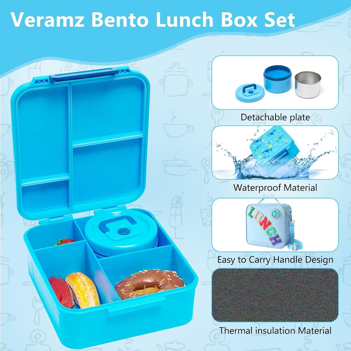 Bento Lunch Box for Kids with 8.5oz Soup Thermo, Kids Leakproof Lunch Food Containers with 4 Compartment, Blue Nylon Insulated Lunch Bag Adjustable Strap for Girl Teens School Travel Picnic