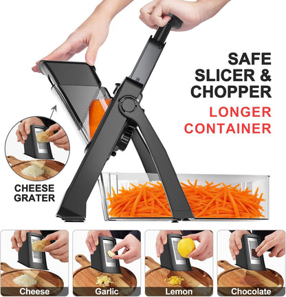 8 in 1 Mandoline Slicer for Kitchen, Vegetable Chopper, Potato Slicer, Fry Cutter Onion Chopper with Drain Basket Food Container with Lid, Stainless Steel Cheese Grater for Quick Meal Pre (Black)