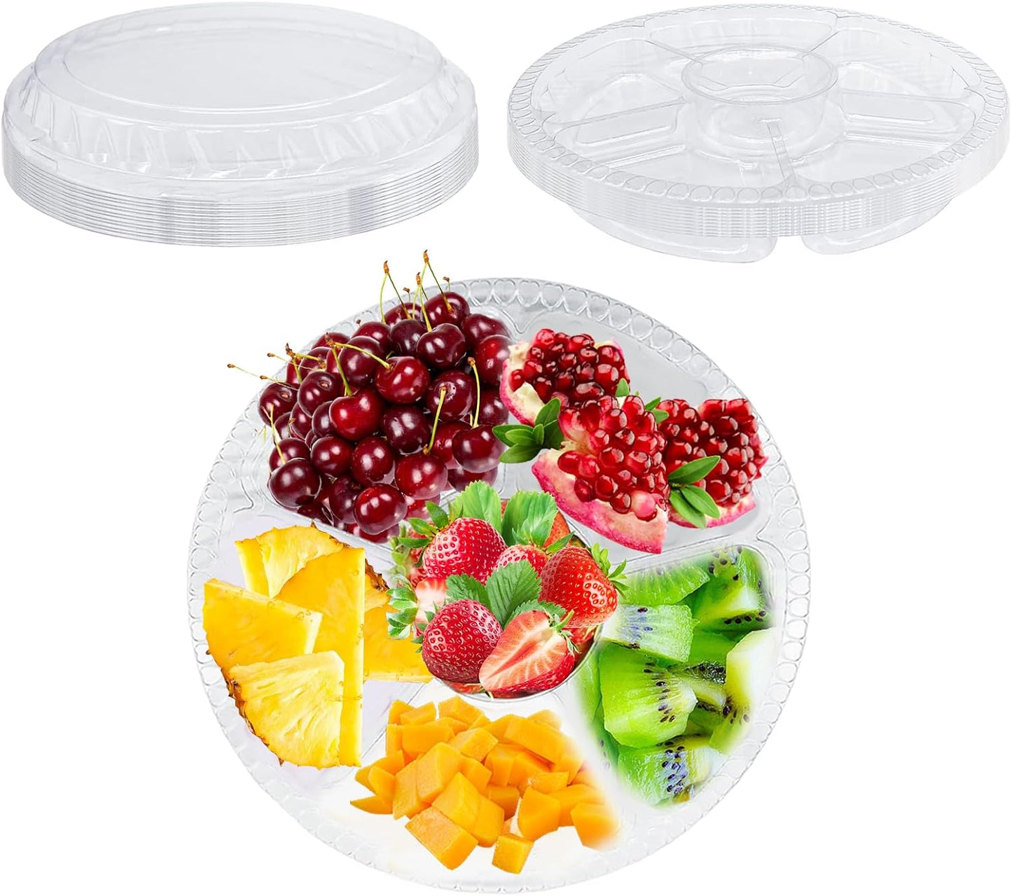 12 Pcs Round Plastic Serving Tray, Clear Round Plastic Veggie Tray with Lid, 12.4x1.97 Inch Disposable Food Storage Containers 6 Divided Compartment Container for Fruit Nut Snack