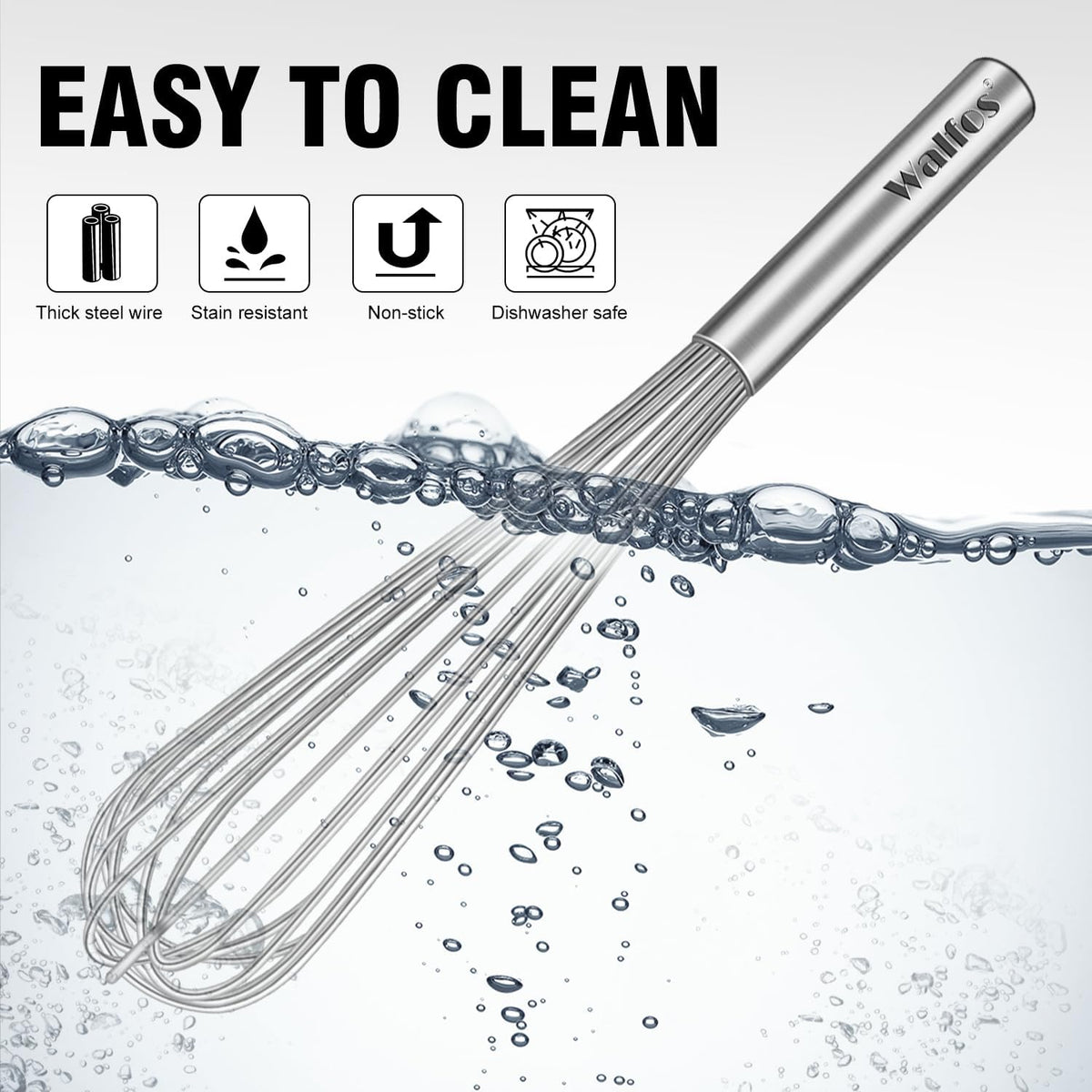Walfos Silicone whisk,Whisks for Cooking Non Scratch, BPA Free whisk set of 4, 7+9+11in Balloon Whisks & 11in Flat Whisk, Heat Resistant(480°F).Great for Cooking in Pans, Baking, Whisking.Blue
