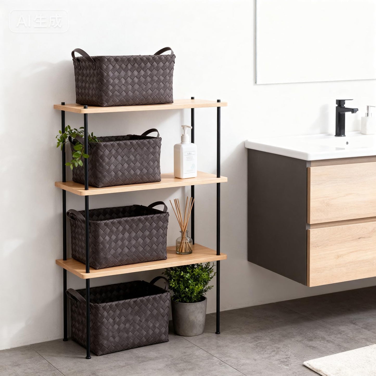 15L Laundry Baskets Waterproof Storage Baskets For Shelves Large Laundry Hamper With Leather Handle -set of 4 Cube Organizers Woven Bins for Bathroom,Bedroom,Pantry,Clothes,Car & Towels-Brown