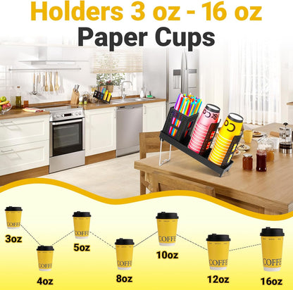 Cup and Lid Holder, Disposable Paper Cup Dispenser with Coffee Pod Straw Storage Basket, 6-Compartment Countertop Coffee Cup Holder for Coffee Stations, Break Rooms, Living Rooms (Black)