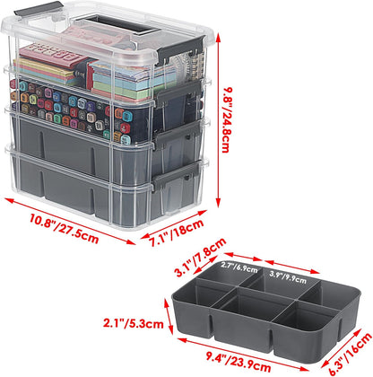 JUXYES 4-Tiers Plastic Stack Carry Storage Containers Box wih Handle Lids | Clear Stackable Latching Storage Bin With 2 Tray for School Office, Organizing Sewing, Art Craft, DIY Supplies, Blue
