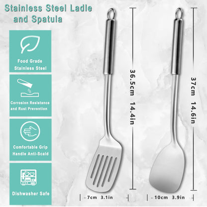 Pleafind 𝟑𝟑% 𝐎𝐅𝐅 Cooking Utensils Set - 4 Pcs Stainless Steel Kitchen Utensils Set with Solid Turner, Slotted Turner, Serving Ladle, Slotted Spoon, Wok Utensils Set with Heat Resistant Handle
