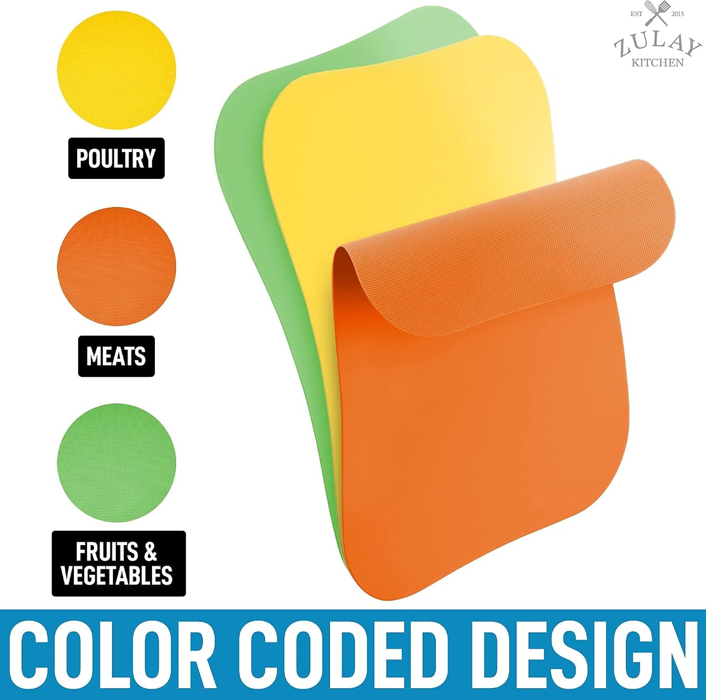 Zulay Kitchen Non-Slip Flexible Cutting Board Set - Dishwasher Friendly Cutting Mats For Cooking - Thick & Durable Flexible Cutting Mats - Non-Porous Cutting Board Mat Set of 3