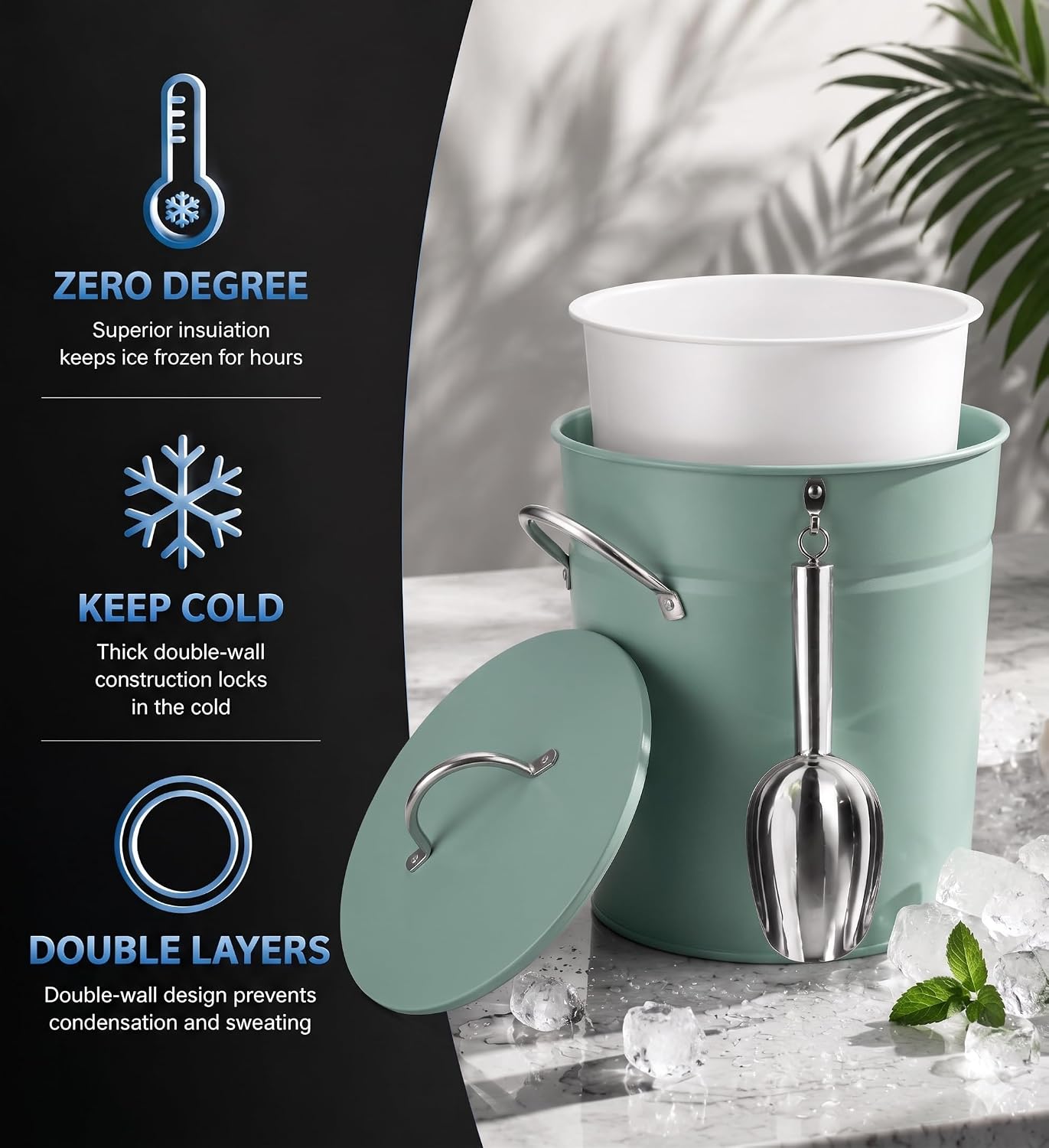 3Qt Black Galvanized Ice Bucket with Lid, Scoop & Handles - Ideal for Cocktails, Parties, BBQs, Wine & Champagne. Double-Layer Insulated Outer & Galvanized Inner Layer, Perfect for Home & Outdoor Use