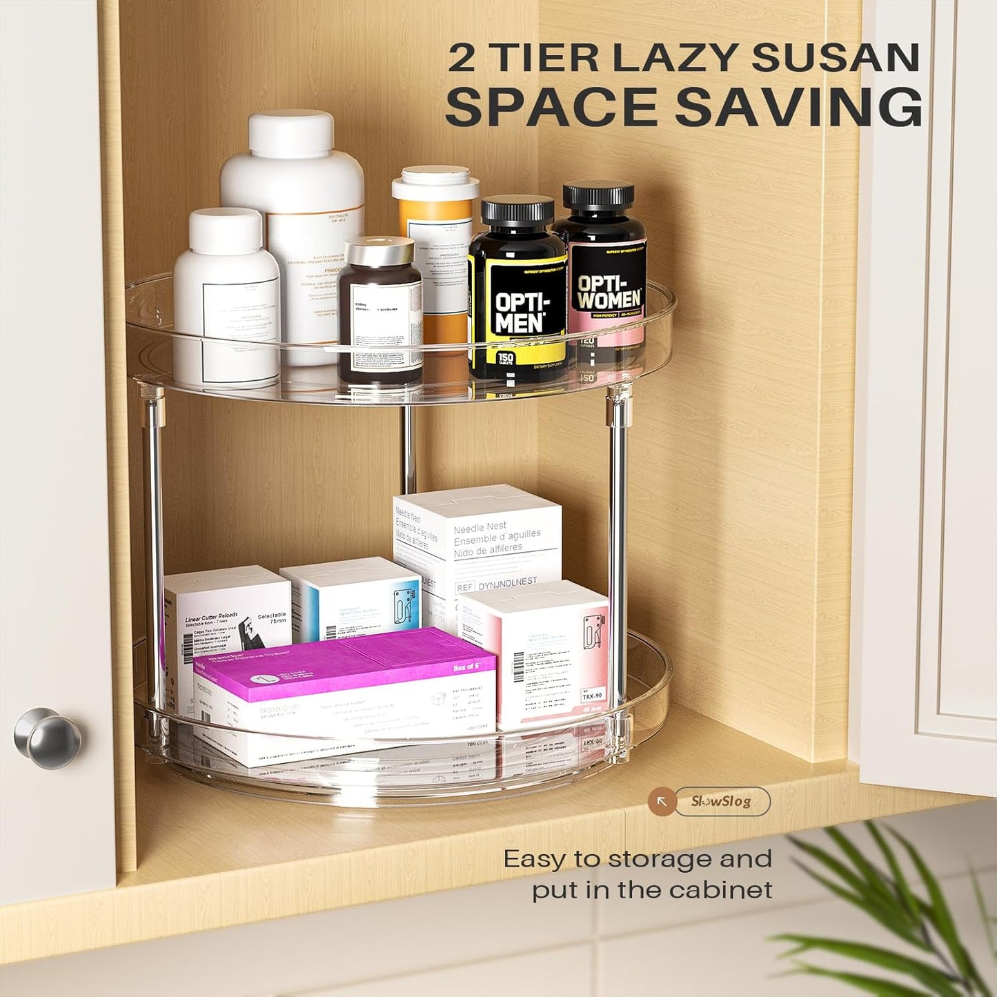 2 Pack Lazy Susan Organizer, 9 inch Rotating Storage Organizer with 4 Removable Bins, Lazy Susan Turntable Organizer for Fridge, Kitchen, Vanity, Cabinet
