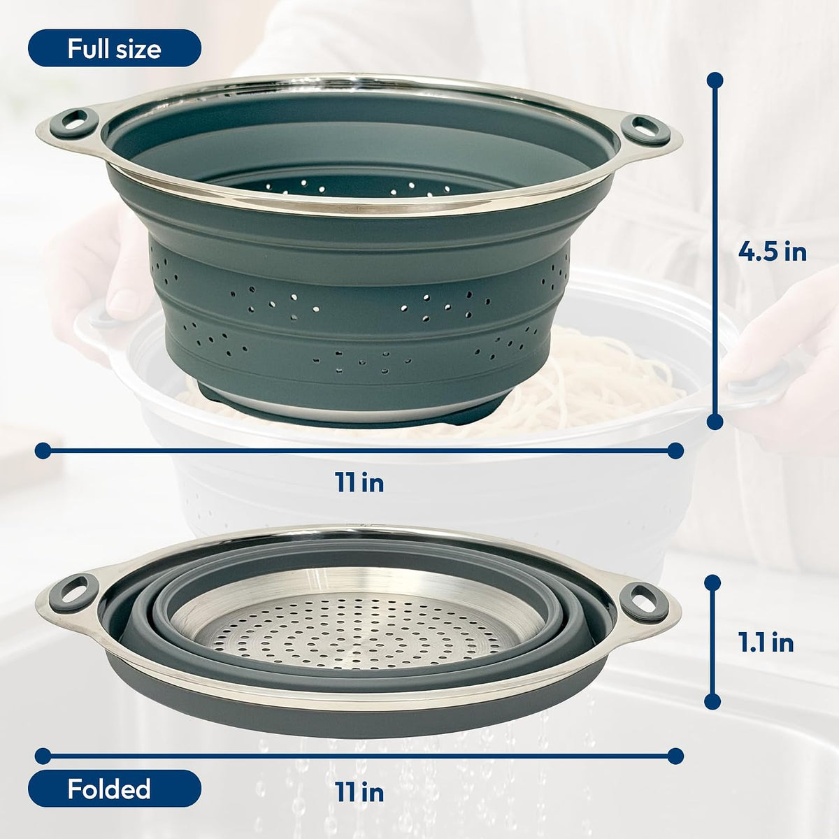 Collapsible Silicone & Steel Colander, Strainer, Large, Gray