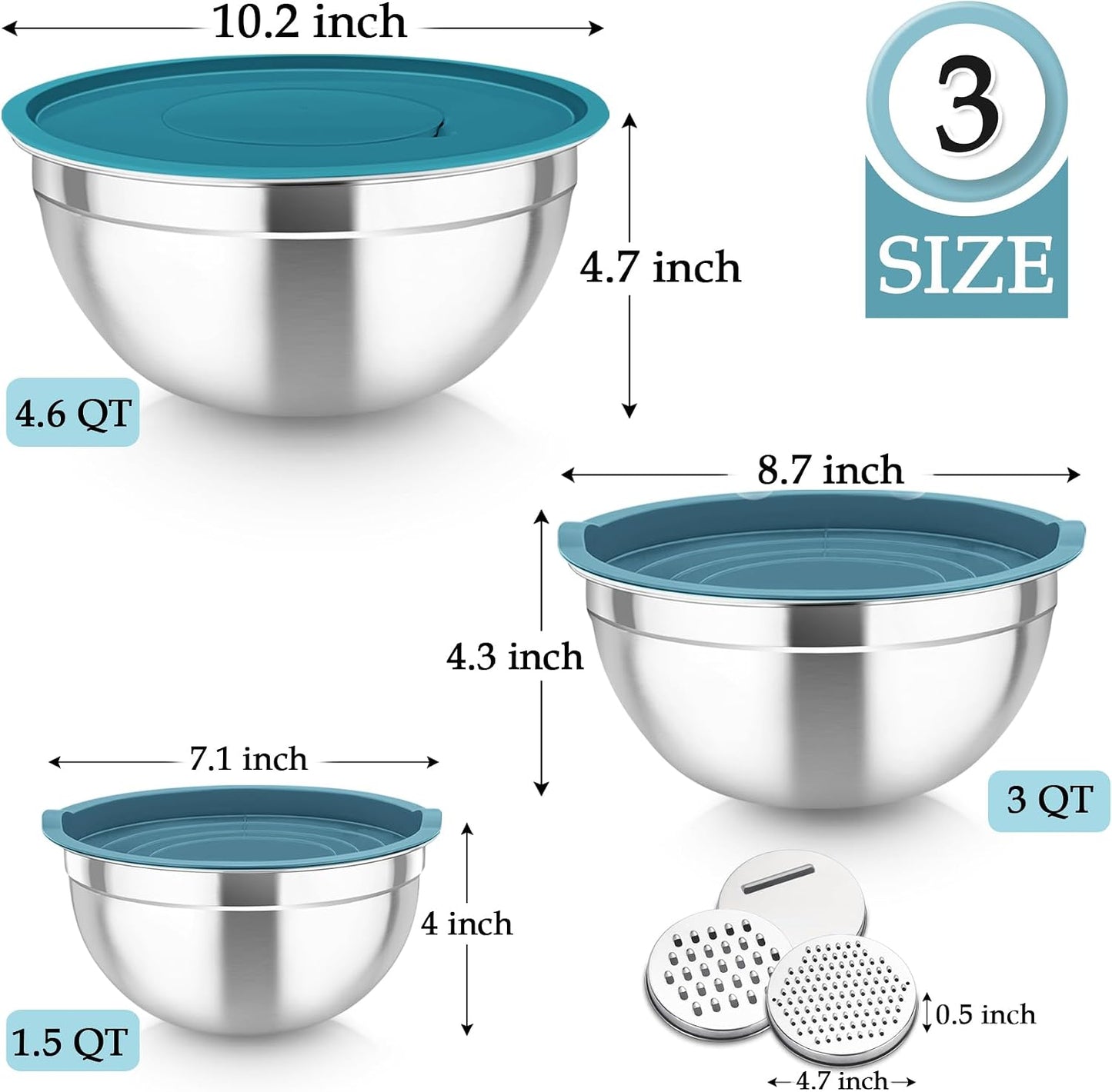TeamFar Mixing Bowls, Stainless Steel Nesting Salad Bowls with Lids Set of 3 & 3 Grater Attachments, For Mixing/Serving/Storing, Non-toxic & Long-lasting, Size 4.6/3 / 1.5 QT, Black